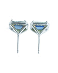 Natural blue sapphire stud earrings emerald cut halo diamond 14k white gold, underside view profile