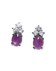 Pair of cabochon pink sapphire stud earrings and diamond made of 14k white gold push backs.
