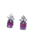 Pair of cabochon pink sapphire stud earrings and diamond made of 14k white gold push backs.