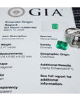 GIA report for a 2.47 ct octagonal green emerald, with a loose emerald and an 18K white gold diamond halo ring.