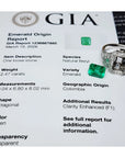 GIA report for a 2.47 ct octagonal green emerald, with a loose emerald and an 18K white gold diamond halo ring.
