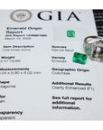 GIA report for a 2.47 ct octagonal green emerald, with a loose emerald and an 18K white gold diamond halo ring.
