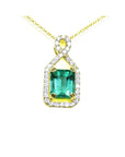 Natural Colombian emerald necklace square emerald-cut sourced from the Muzo mine in Colombia, halo diamond 14k yellow gold