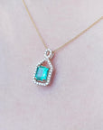 Real emerald necklace for women square emerald-cut sourced from the Muzo mine in Colombia, halo diamond 14k yellow gold