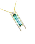14k yellow gold necklace with a natural colombian emerald gemstone and small lateral diamonds.