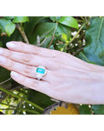 Hand wearing a Colombian emerald and diamond ring against a green leafy background.