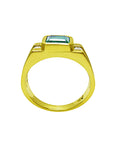 A men's natural emerald and side diamonds ring displaying top setting and lateral band design view.