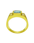 A men's natural emerald and side diamonds ring displaying top setting and lateral band design view.