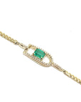 14K yellow gold bracelet with a square emerald-cut Colombian emerald and diamond accents.