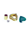 Components for a heart pendant: gold setting with diamonds, loose diamond, emerald, and gold bail.