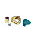 Components for a heart pendant: gold setting with diamonds, loose diamond, emerald, and gold bail.
