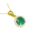 Muzo mine natural round cut Colombian emerald necklace halo diamond 14k yellow gold