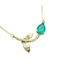 Pear cut natural emerald necklace 1.66 carats sourced from Muzo mines; nature inspired design handcrafted in 14k yellow gold