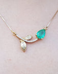 Real Emerald necklace for women 1.66 carats sourced from Muzo mines; nature inspired design handcrafted in 14k yellow gold