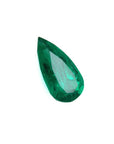Natural emerald pear cut from muzo mine Colombia, front left tall side table and crown view