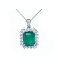 7.78 ct. deep green rectangular emerald pendant with double halo diamonds in 14K white gold, antique style.