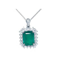 7.78 ct. deep green rectangular emerald pendant with double halo diamonds in 14K white gold, antique style.