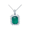 7.78 ct. deep green rectangular emerald pendant with double halo diamonds in 14K white gold, antique style.