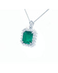 7.78 ct. rectangular natural emerald pendant with double halo diamonds in 14K white gold, antique style.