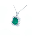 7.78 ct. rectangular natural emerald pendant with double halo diamonds in 14K white gold, antique style.