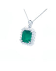 7.78 ct. rectangular natural emerald pendant with double halo diamonds in 14K white gold, antique style.