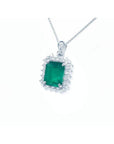 7.78 ct. rectangular natural emerald pendant with double halo diamonds in 14K white gold, antique style.