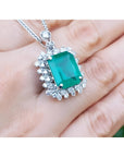 7.78 ct natural rectangular emerald pendant with double halo diamonds in 14K white gold, antique style.