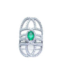 Sterling silver ring with oval natural emerald center stone and CZ halo accents.