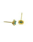 Hexagon emerald and diamond stud earrings in 14K yellow gold, featuring a halo of natural diamonds.
