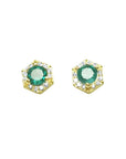 A pair of round emerald cocktail-style stud earrings with a halo of natural diamonds, set in yellow gold.