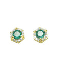 A pair of round emerald cocktail-style stud earrings with a halo of natural diamonds, set in yellow gold.