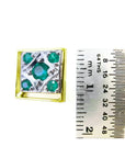 14K yellow gold men's cufflink with five natural emeralds in a diamond design, shown with a ruler for size.