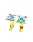 14K yellow gold men's cufflinks with square-cut natural emeralds and milgrain detailing.