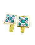 Gold square cufflinks with genuine colombian emeralds on a white background.