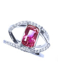 GIA certified 1.38 ct purplish pink sapphire ring with a fancy emerald cut and sparkling diamond accents.