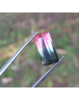 Multicolored gemstone held between tweezers with a blurred green background