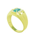 Men's 14K yellow gold ring with a rectangular emerald-cut Muzo emerald and small diamonds.