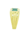 Men's 14K yellow gold ring with a rectangular emerald-cut Muzo emerald and diamond accents.