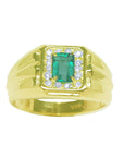 Gold ring for men with a natural emerald and diamonds accent on topside profile display.