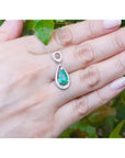 1.35 ct. natural pear-shaped emerald pendant necklace in 14K white gold with diamond bail.