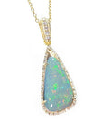 8.05 ct. pear-shaped Australian opal pendant with bluish-green play of color, halo diamonds, and 18K yellow gold chain.