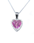 Front position of a natural pink sapphire heart pendant halo diamond's full top view