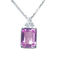 Front side top full view of a natural pink sapphire necklace emerald cut 2.01 carats 14k white gold.