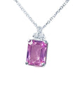 Left side view of a natural pink sapphire necklace emerald cut 2.01 carats 14k white gold.