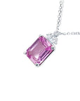 2.01 ct. natural pink sapphire emerald cut necklace in 14K white gold with diamond accents.