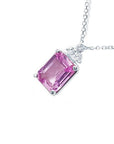 2.01 ct. natural pink sapphire emerald cut necklace in 14K white gold with diamond accents.