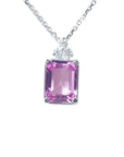 Natural pink sapphire pendant necklace emerald cut medium light color, eye clean and very brilliant set in 14k white gold.