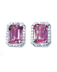 Natural pink sapphire stud earrings halo diamonds 14K white gold push backs, front position top view