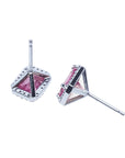 Natural pink sapphire stud earrings halo diamonds 14K white gold push backs, underside and horizontal positions back view profile
