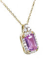 For sale: natural pink sapphire necklace pendant, surrounded by a halo of natural diamonds and set in 14k gold.